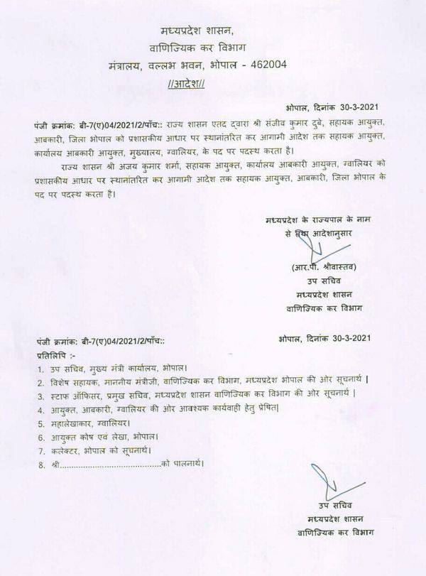 वाणिज्यिक कर विभाग ने मंगलवार को भोपाल के सहायक आबकारी आयुक्त संजीव दुबे को ग्वालियर में पदस्थ करने का आदेश किया।