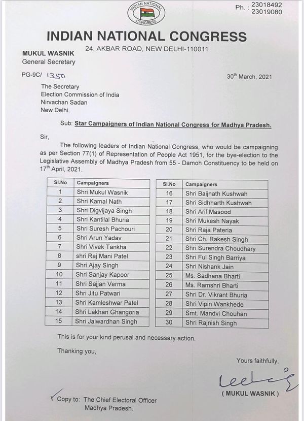 कांग्रेस स्टार प्रचारकों की सूची
