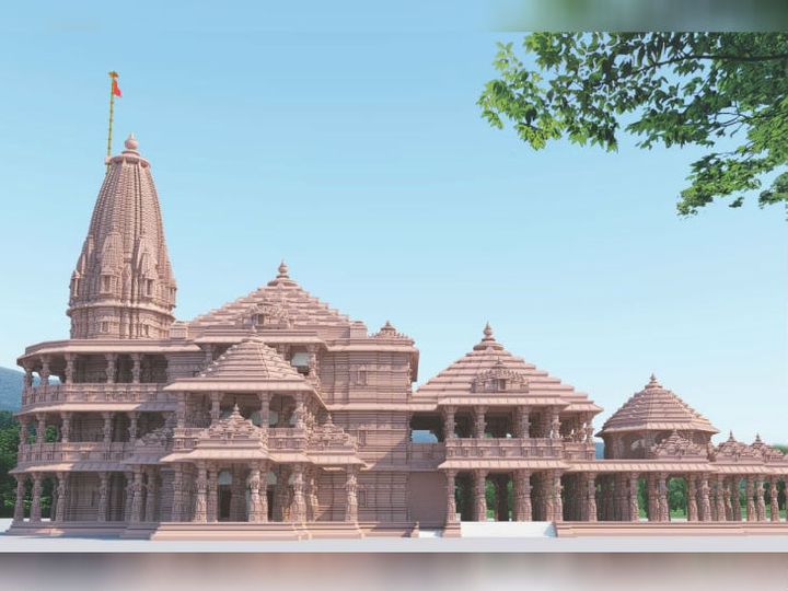 अयोध्या में बनने वाले श्रीराम मंदिर का प्रस्तावित मॉडल। मंदिर के लिए कुल 40 फीट गहरी नींव की खुदाई की जानी है। निर्माण के लिए पत्थर तराशने का काम भी जारी है। - Dainik Bhaskar