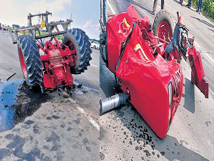 Car hit by tractor; Two pieces of tractor, three seriously injured i