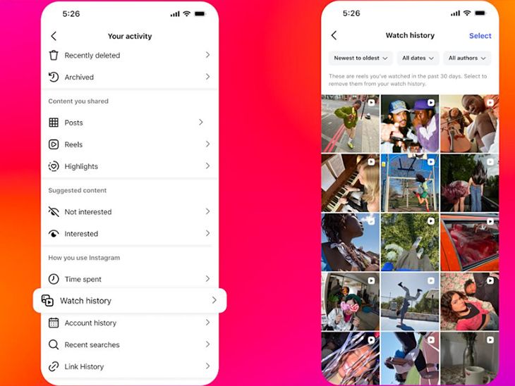 Instagram Reels Watch History feature screenshot