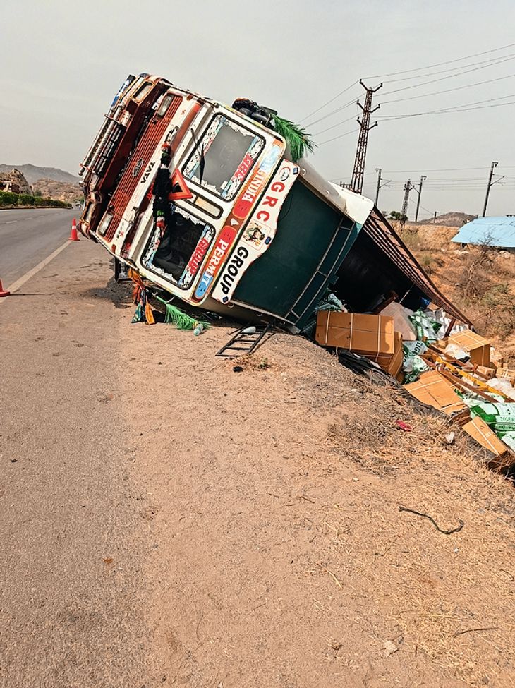 The truck lost control and overturned in the ditch