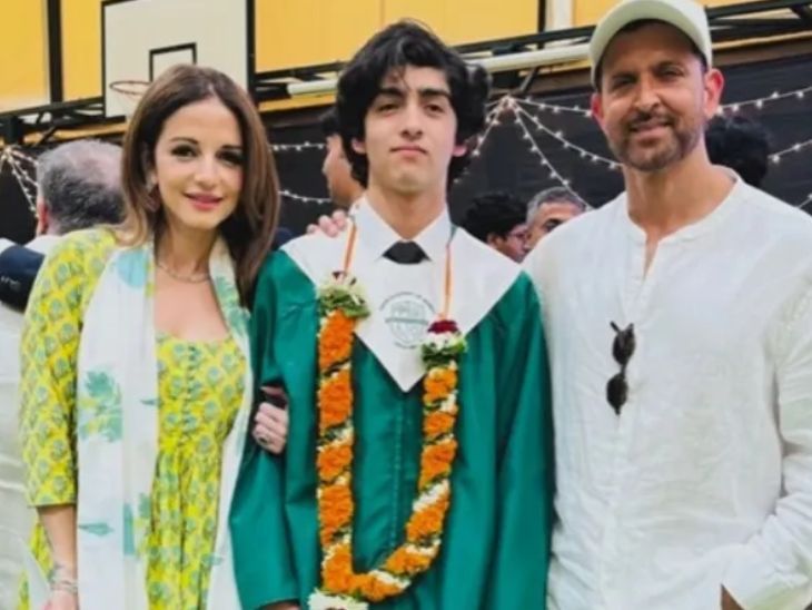 Hrithik Roshan noticed with Suzanne at his son’s commencement ceremony | बेटे की ग्रेजुएशन सेरेमनी में सुजैन के साथ दिखे ऋतिक: एक्स वाइफ के साथ पोज देते नजर आए, 2014 में हुआ था दोनों का तलाक