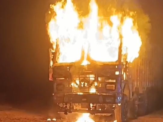 A truck loaded with cement caught fire after a cylinder exploded