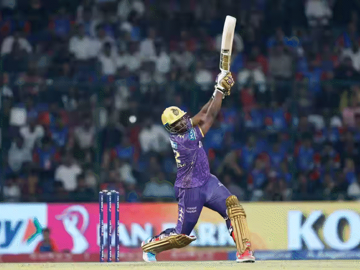 रसेल ने 106 मीटर लंबे छह के लिए आवेदन किया: चमेरा ने छलांग लगाई और कब्जा पकड़ा; नरेन के प्रत्यक्ष झटका में राहुल