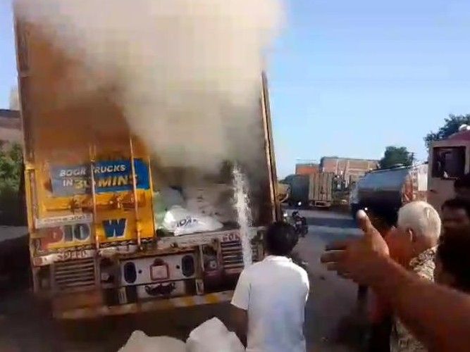 Parcel container catches fire