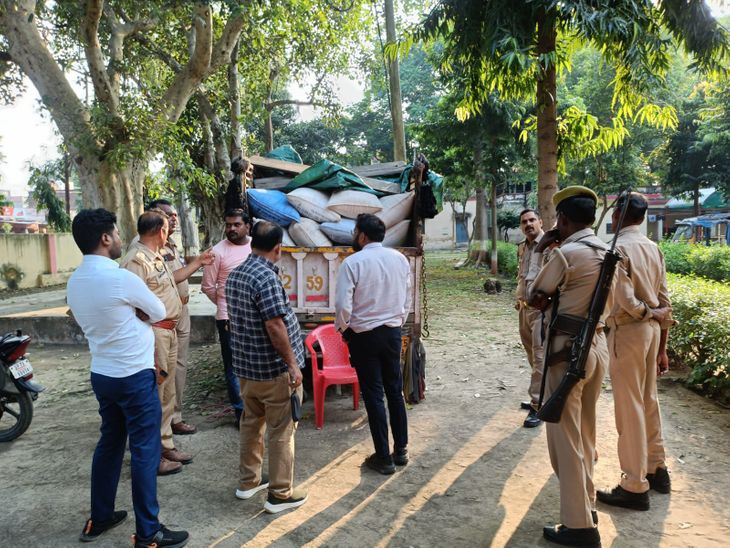 Police seized a pickup loaded with rice.