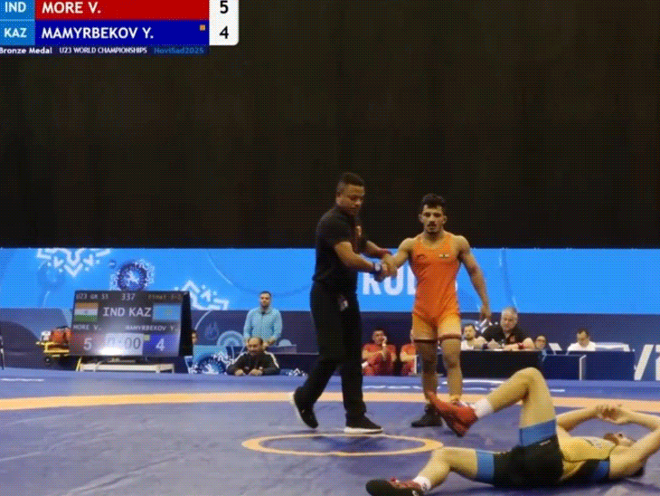Indian wrestler Vishwajeet More won bronze in the World Wrestling Championship. | भारतीय पहलवान विश्वजीत मोरे ने वर्ल्ड रेसलिंग चैंपियनशिप में ब्रॉन्ज: 55 किलो ग्रिको-रोमन में कजाकिस्तान पहलवान को 5-4 से हराया;अंडर-23 में भारत को पहला मेडल
