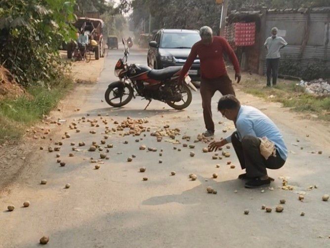 Bike slips on potato, rider injured