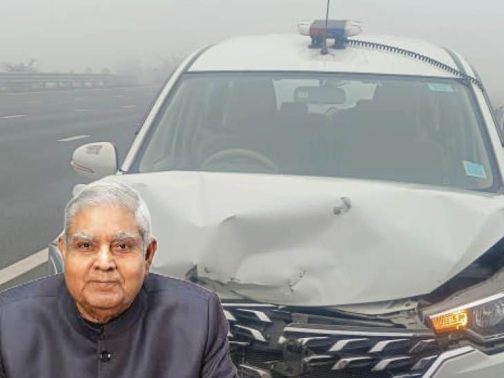 पूर्व उपराष्ट्रपति धनखड़ की एस्कॉर्ट गाड़ी का एक्सीडेंट:नूंह में हाईस्पीड ट्रक ने अचानक ब्रेक लगाए, पीछे से दूसरी कार भी टकराई