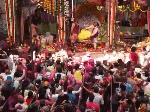 वृंदावन में बांके बिहारी जी को लगा रंग और गुलाल:प्रसाद लूटने के लिए भक्तों में मची होड़, श्रद्धालु बोले- आज ब्रज में होली रे रसिया
