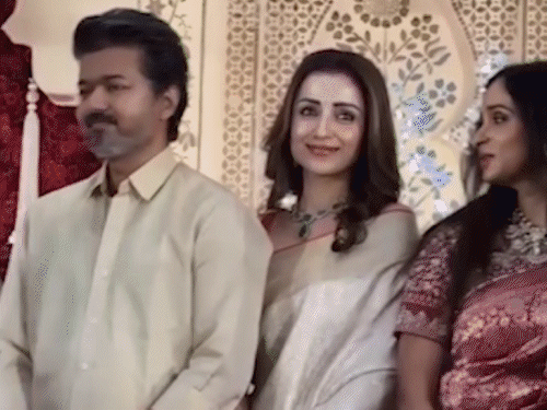 शादी के रिसेप्शन में साथ पहुंचे विजय और त्रिशा:एक्टर की पत्नी संगीता की तलाक की याचिका के बाद दोनों पहली बार साथ नजर आए