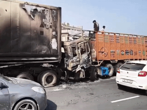 Panipat NH44 Accident: Container Truck Catches Fire, Drivers Safe