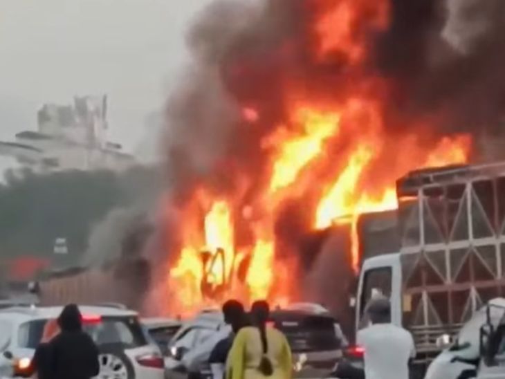 पुण्याच्या नवले पुलावर अपघात:  दोन ट्रकला भीषण आग, दोघांमध्ये कार अडकल्याने 5 जणांचा मृत्यू; मृतांचा आकडा वाढण्याची भीती – Pune News