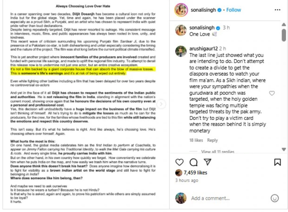 Diljit Dosanjh's ex-manager Sonali Singh's post