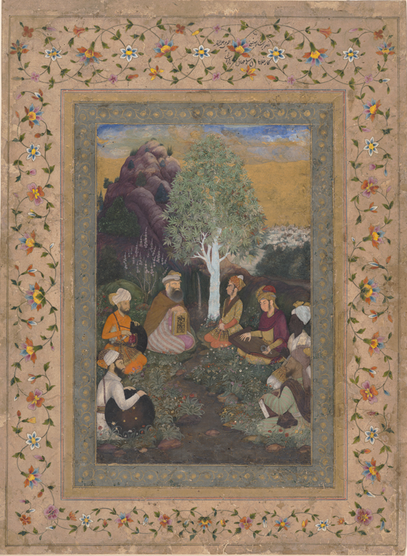 Scholars and musicians beneath a tree, possibly including Prince Dara Shikoh and Mulla Shah, Kashmir, India, Mughal dynasty, c. 1640. Opaque watercolour and gold on paper. Ackland Art Museum, UNC Chapel Hill.