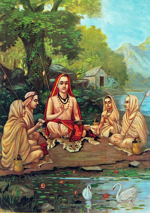 Amongst the earliest known 'guru-shishya' conventions was the example of Adi Shankaracharya and his disciples. Painting by Raja Ravi Verma.
