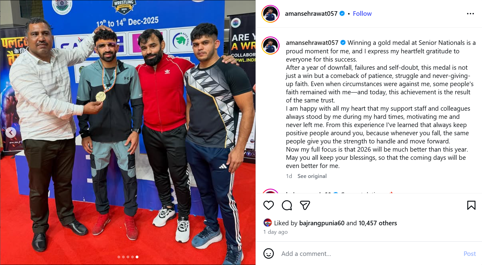 Aman Sehrawat shares Instagram post after winning gold medal