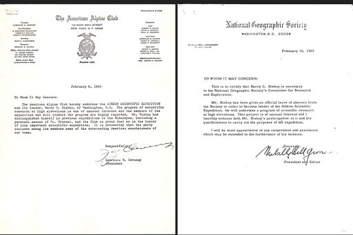 Letters of support Bishop received from the American Alpine Club and National Geographic for the mission.