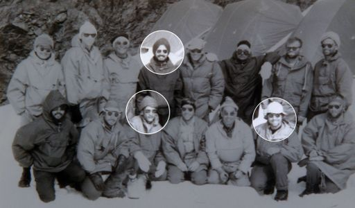 The same team that had been on Mount McKinley reached Nanda Devi. Kohli is in the turban, Sonam in the lower left circle, and McCarthy in the right circle.