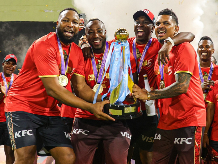 Kieron Pollard, Andre Russell, Dwayne Bravo and Sunil Narine celebrate Trinbago Knight Riders' CPL 2025 title win