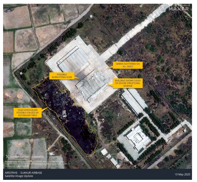 The findings of the new report written further in this article also shows a satellite view of a destroyed Pakistani hangar at Sukkur Air Base during Operation Sindoor. (Credit: CHPM/Damien Symon/Maxar)