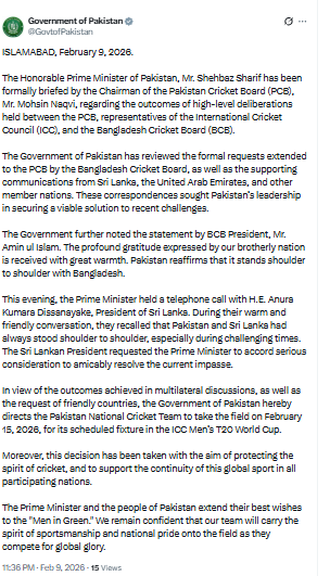 Message from Pakistan Government Spokesman X stating that Sri Lanka Cricket Team has approached Pakistan to host the match.