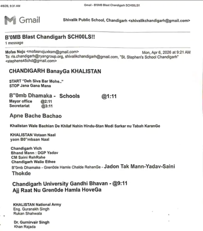 PHOTO of the threatening email