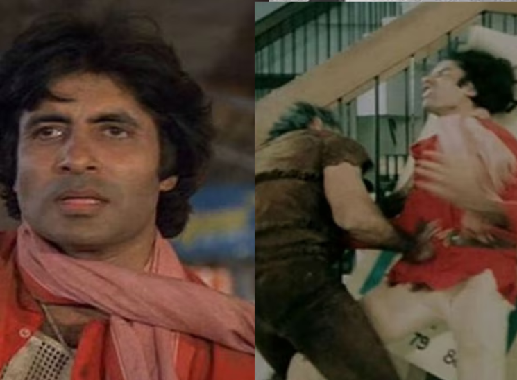 फिल्म कुली (1983) में अभिनेता पुनीत इस्सर के साथ लड़ाई का दृश्य, जहां अमिताभ घायल हो जाते हैं।
