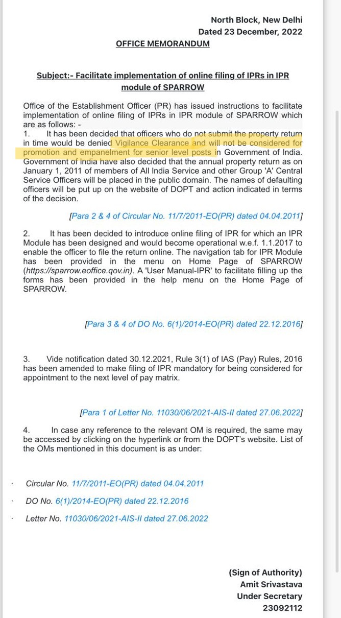 DoPT Office Memorandum dated 23 December 2022, from North Block, New Delhi, titled “Facilitate implementation of online filing of IPRs in IPR module of SPARROW.”