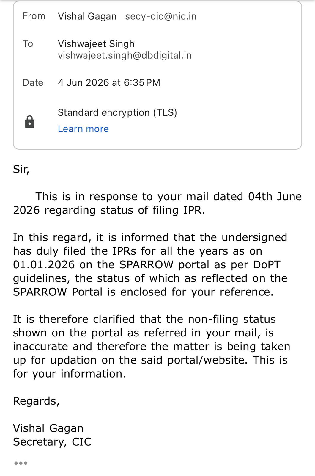 Email received from Vishal Gagan, Secretary, CIC