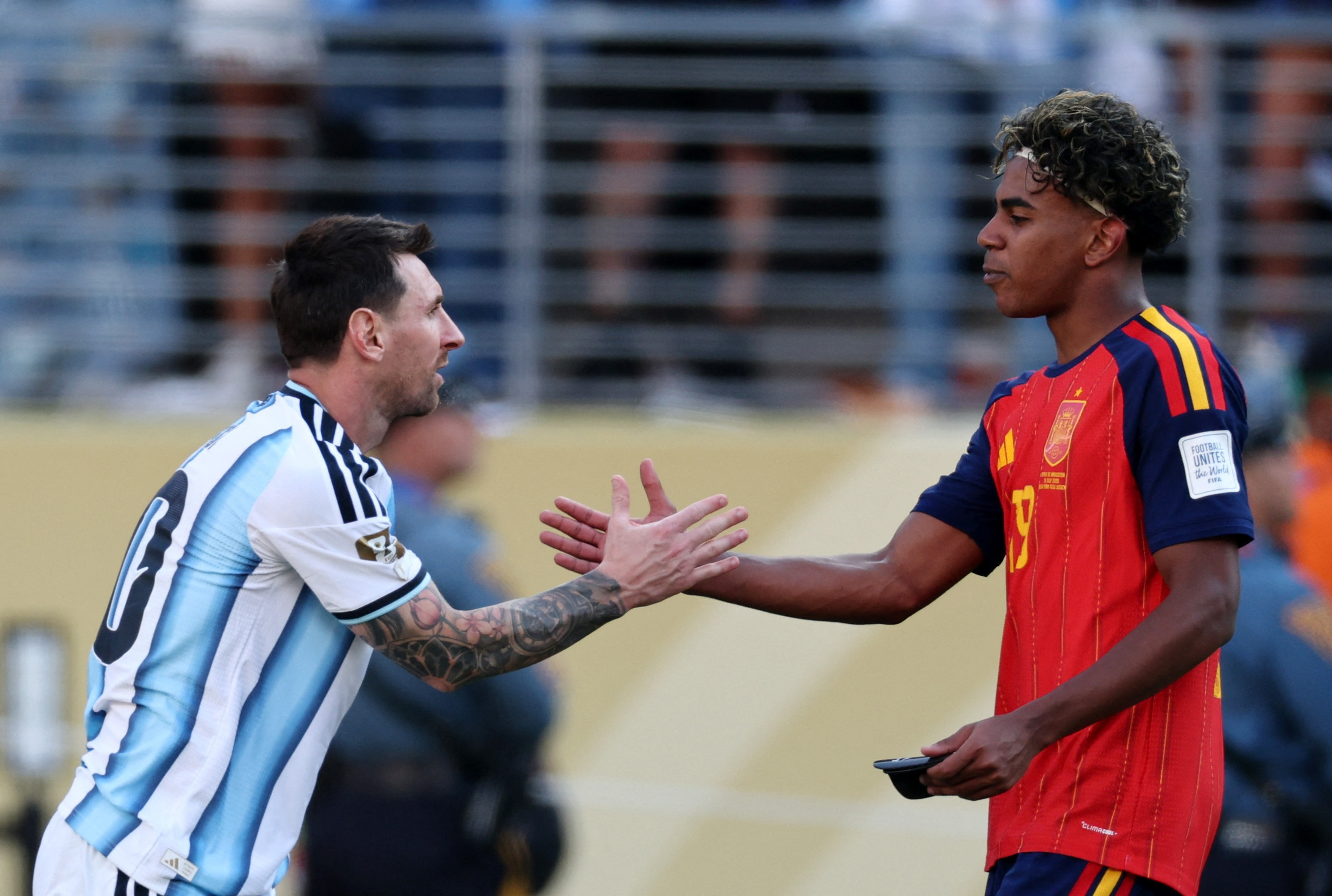 Lionel Messi with Lamine Yamal after the match (Credits: Reuters)