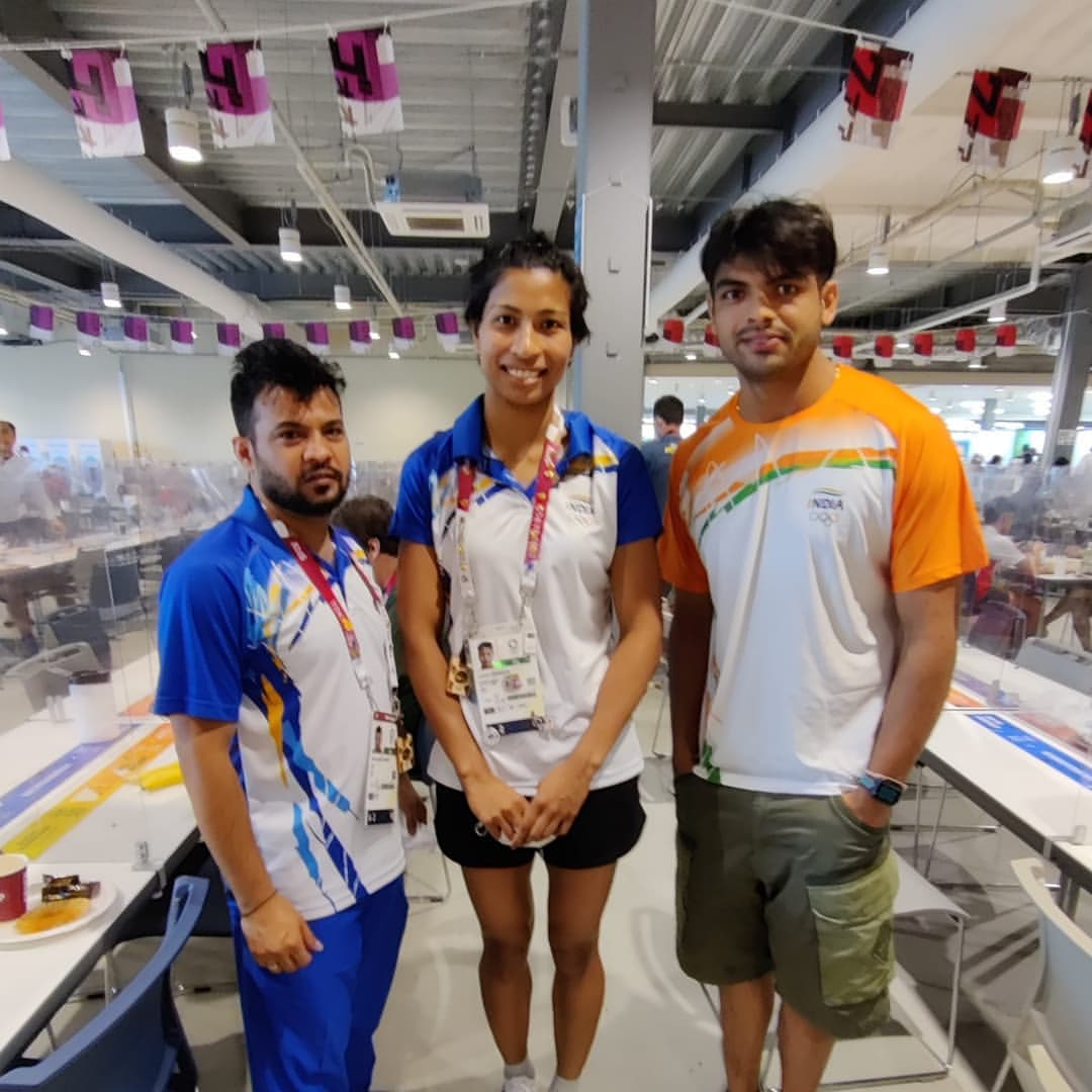 Mohammed Ali Qamar (on left) with Olympic medallists Lovlina Borgohain (centre), and Neeraj Chopra (right) (Credits: Ali Qamar/ Instagram)