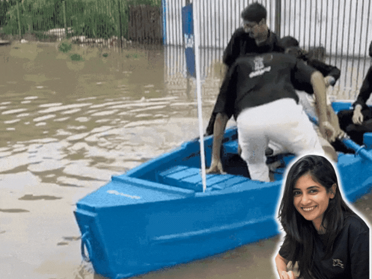 Company employees going with a boat in waterlogging in Gurugram. Inset shows company head Prachi Sharma, who informed about the challan. - Bhaskar English