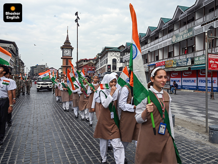 Tricolour spirit in Srinagar: Students join CRPF personnel in a Tiranga Yatra in Srinagar on Tuesday as part of 80th Independence Day celebrations.