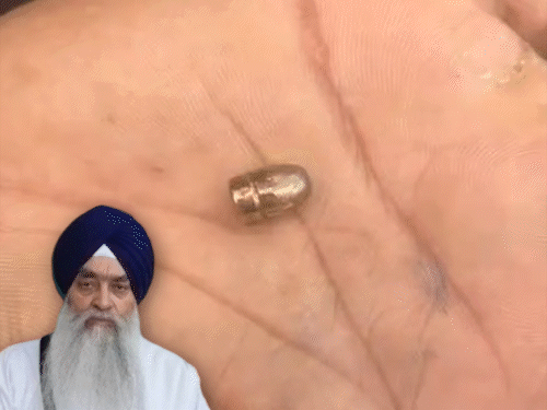 Bullet marks on the car of former Akal Takht Jathedar Giani Raghubir Singh. Inset shows file photo of former Jathedar. - Bhaskar English