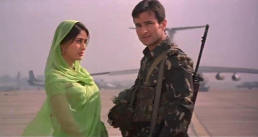 Kareena Kapoor played Simran, while Saif played Captain Anuj. Their emotional parting scenes before he headed off to the battlefront.