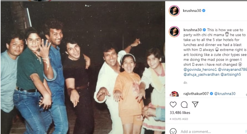 Krushna shared this post after being reunited with Govinda and Sunita. In the picture, there is Krushna in bottle green coloured T-shirt (left) and Tina Ahuja (Orange outfit) near Govind and Arti Singh(on the right).