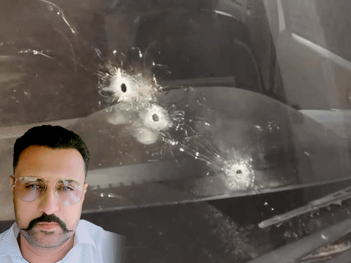 Bullet marks on the car and an inset file photo of AAP leader Gurpreet Singh. - Bhaskar English