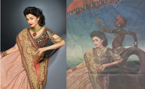 The advertisement showed Rai in an elaborate royal-style setting with a young dark-skinned boy holding an umbrella over her.