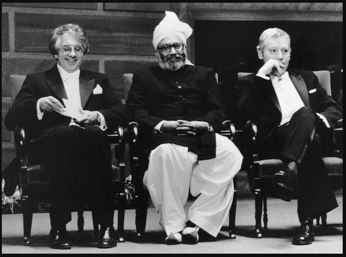 Dr Abdus Salam (centre) won the 1979 Nobel Prize in Physics alongside Sheldon Lee Glashow (left) and Steven Weinberg (right).