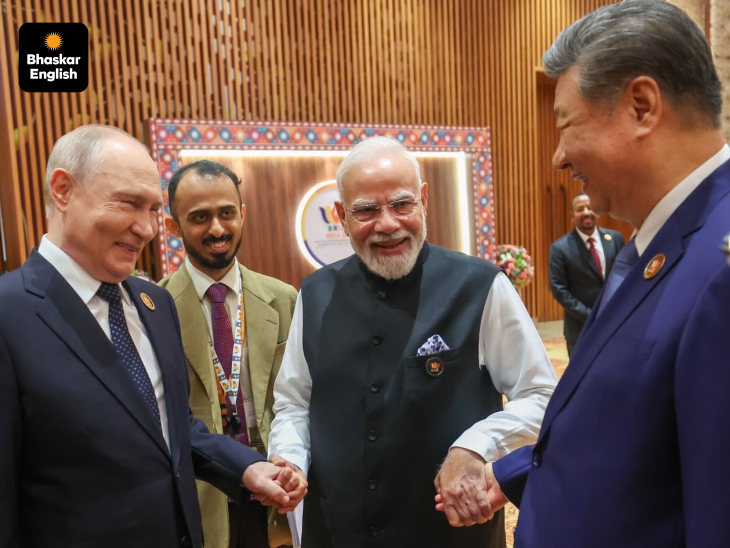 A Confluence of Powers: Prime Minister Narendra Modi with Chinese President Xi Jinping and Russian President Vladimir Putin at the BRICS Summit in Delhi.