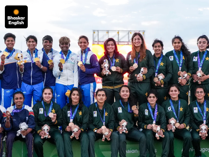 India, Pakistan, and Sri Lanka players share the podium after the women's cricket event at the Asian Games. India won gold, Sri Lanka silver, while Pakistan settled for bronze.