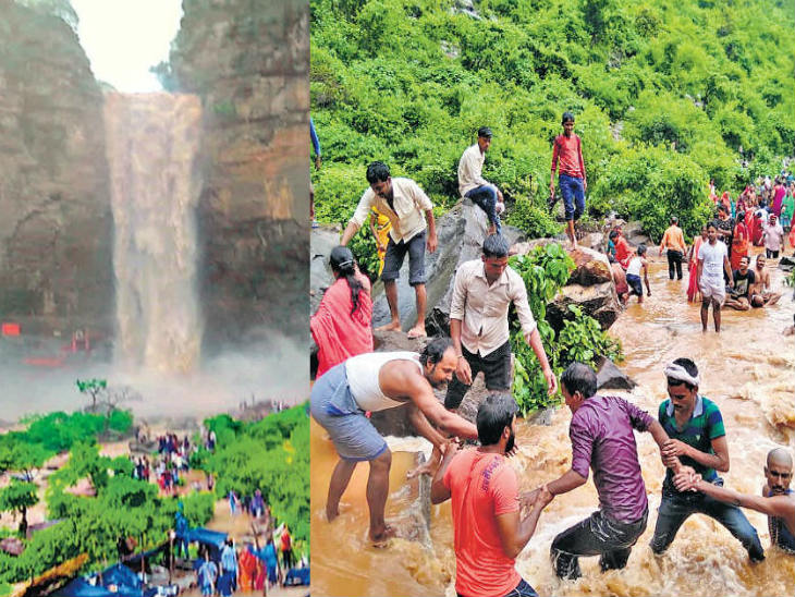 Local youth rescued from floods in the waterfall in sasaram bihar | झरने से अचानक आई बाढ़, सौ से ज्यादा श्रद्धालु फंसे, स्थानीय युवकों ने मानव शृंखला बना किया रेस्क्यू ...