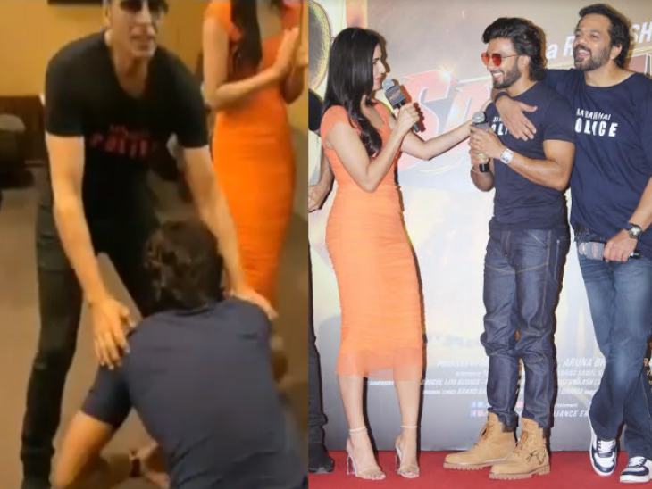 Ranveer Singh falls at Akshay Kumar, Ajay Devgn&#39;s feet as he&#39;s late for  Sooryavanshi trailer launch | ट्रेलर लॉन्च में लेट पहुंचने पर अक्षय ने की  खिंचाई तो रणवीर ने पैर पकड़कर