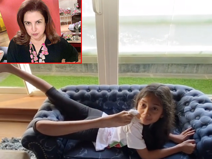 दाएं पैर की मदद से बिस्किट खाती हुई अन्या। इनसेट में फराह खान। - Dainik Bhaskar