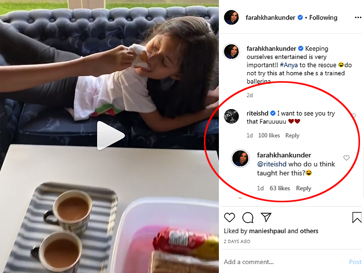 रितेश देशमुख का कमेंट और उस पर फराह की प्रतिक्रिया (लाल घेरे में)