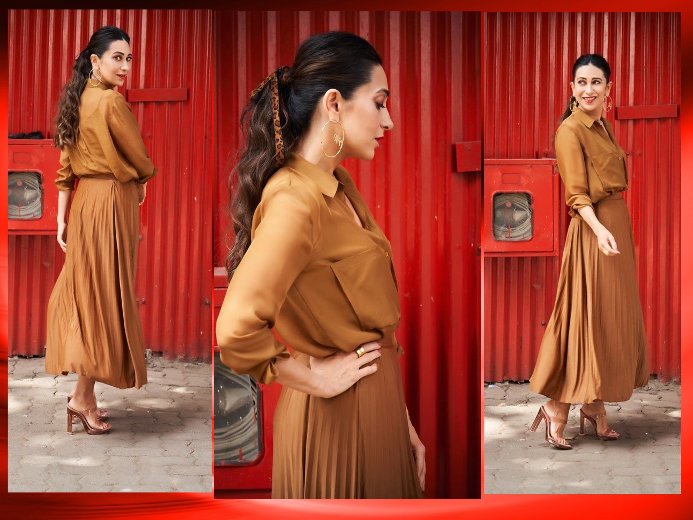 एक्ट्रेस ने हाल ही में ब्राउन ड्रेस में अपनी एक तस्वीर शेयर की थी। इसमें करिश्मा रिबन से बालों को बांधा है। स्टेटमेंट ईयररिंग और ब्लड रेड लिप्स्टिक में करिश्मा का ग्लैमरस अ‌वतार दिख रहा है।