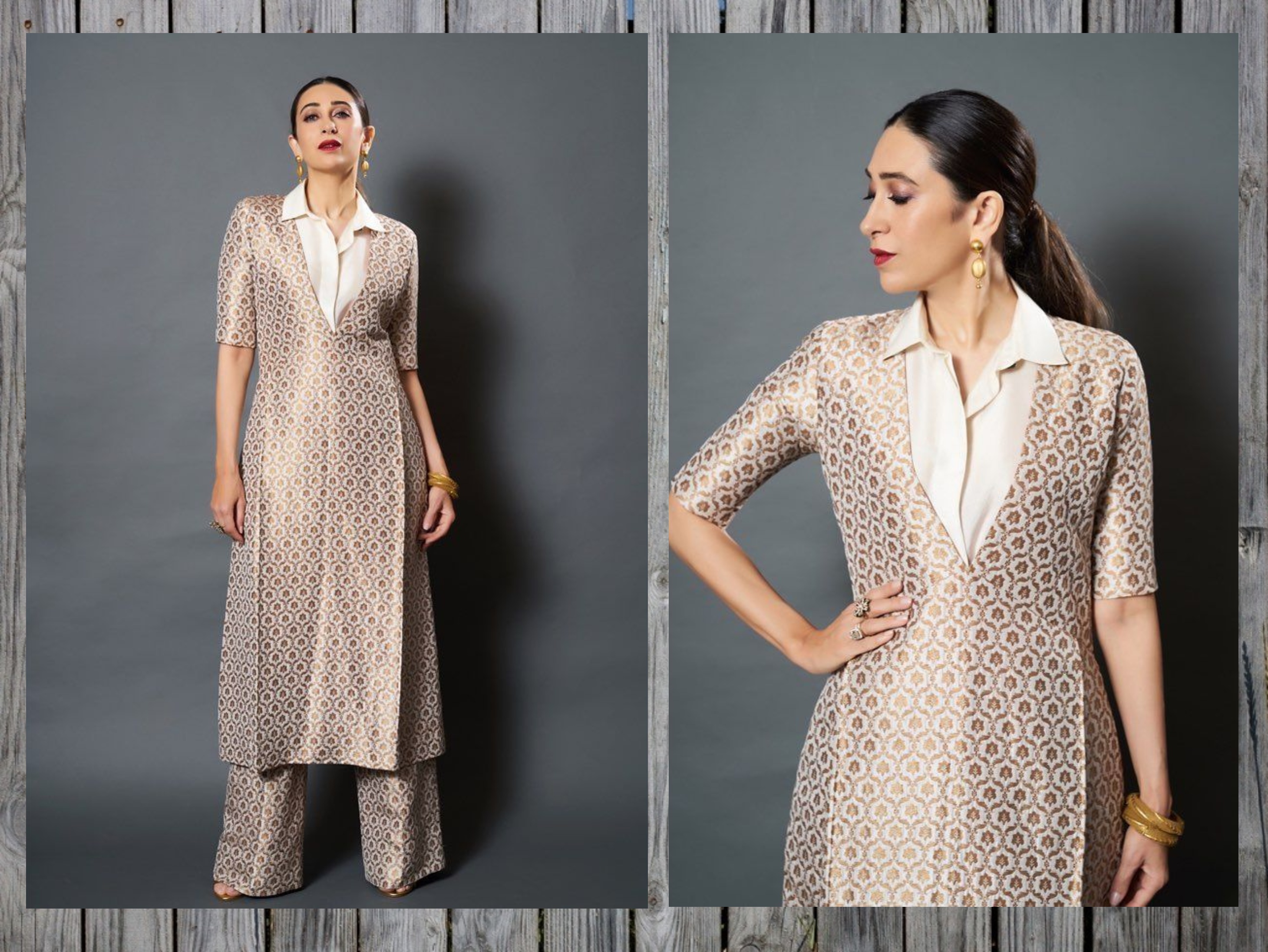 अरमान जैन की रोका सेरेमनी में भी करिश्मा ने बेहद स्टाइलिश लुक अपनाया था। उन्होंन सफेद रंग के शर्ट पेटर्न कुर्त के साथ बनारसी फेब्रिक का वी नेक कुर्ता और पैंट पहना था। बंधे हुए बालों में करिश्मा बेहद एलिगेंट नजर आ रही थीं।