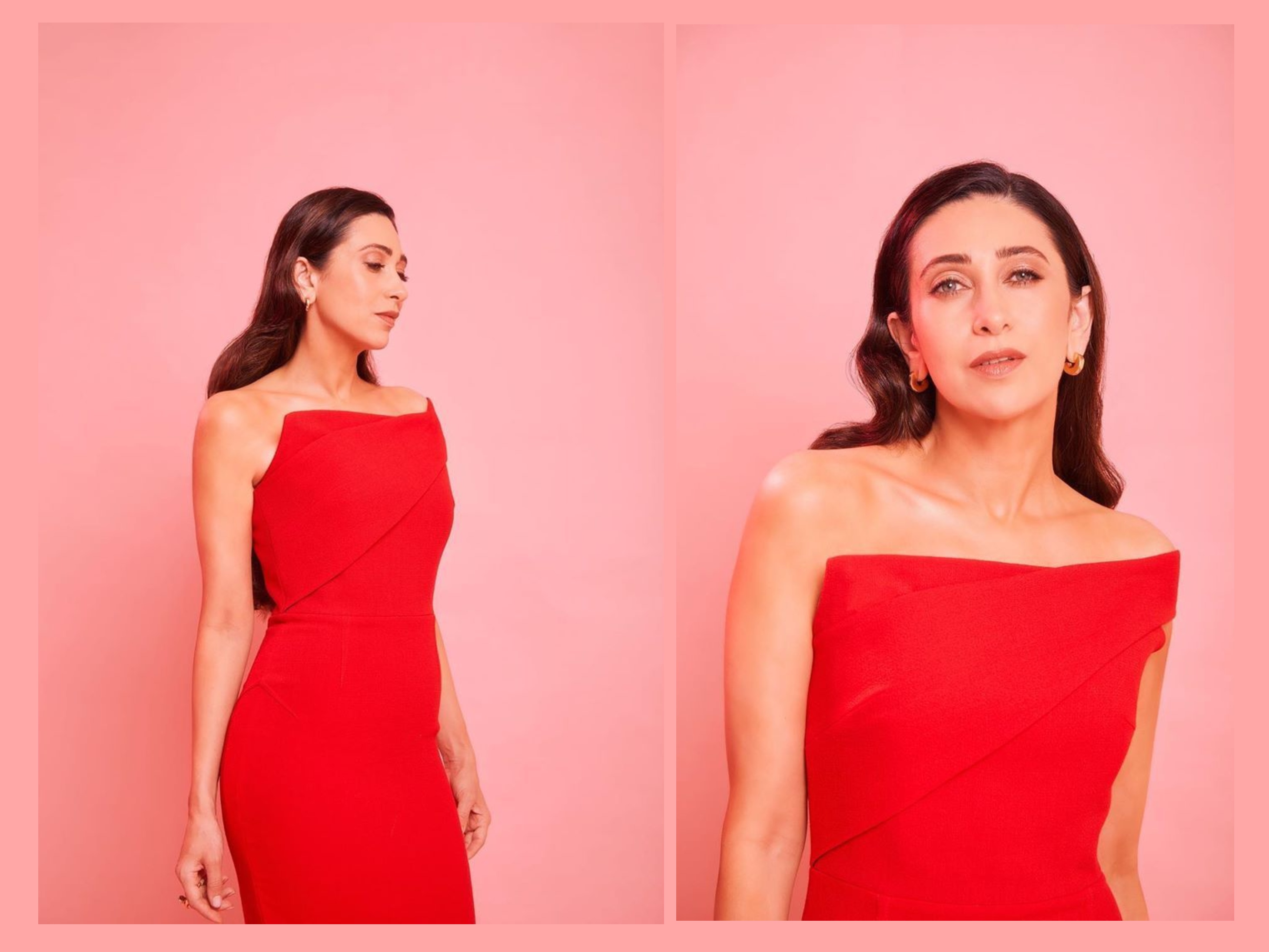 'मेंटलहु'ड के ट्रेलर लॉन्च में करिश्मा कपूर ने लाल रंग की बॉडी फिटेड वन साइड शॉल्डर ड्रॉप ड्रेस पहनी थी। इस ड्रेस को करिश्मा ने पॉइन्टेड हील्स और मिनी राउंड टॉप्स के साथ पेयर किया था।